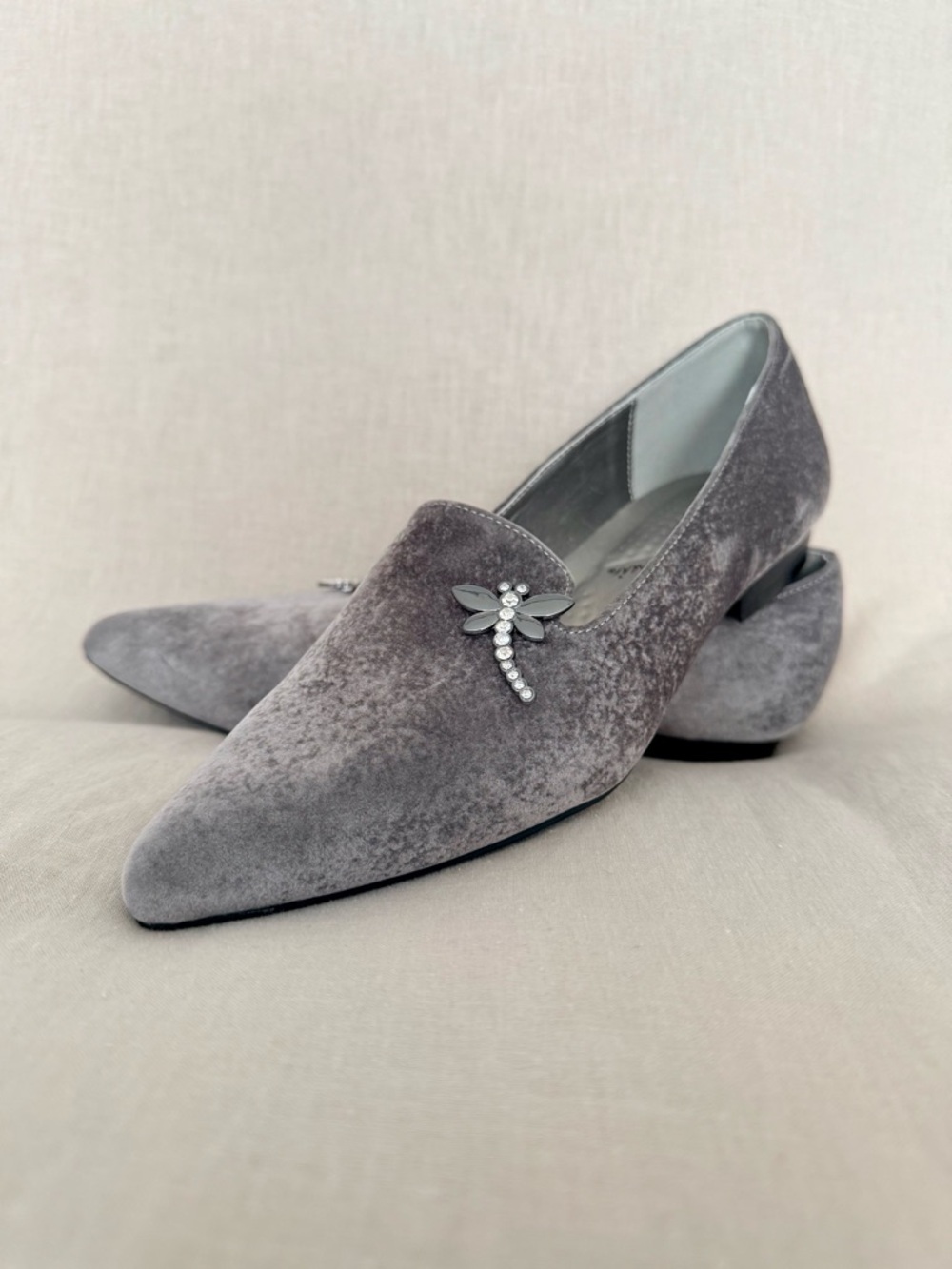 Bellini Grey Velvet Smoking Slippers | Rhinestone Dragonfly Loafers